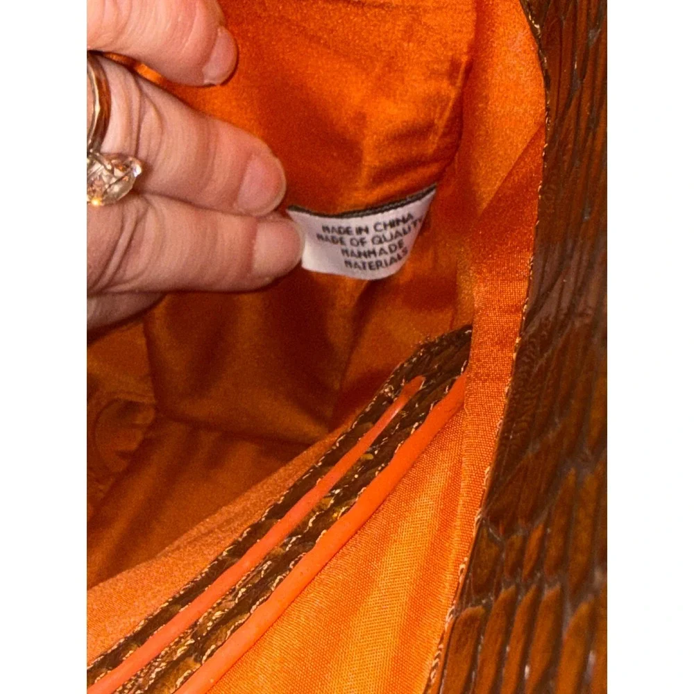 Nine West Brown Croc Embossed Satchel Handbag Orange Trim Crossbody Bag